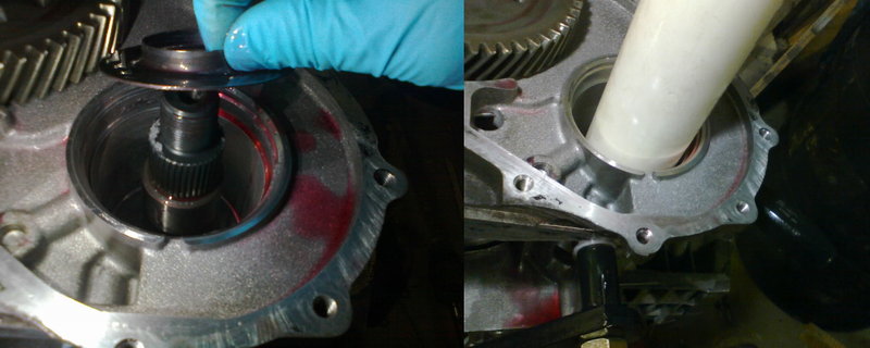LEFT: The shaft & its lower bearing go into the case, and are topped with this baffle. RIGHT: A length of PVC pipe can be used to hammer the baffle & race down into position.